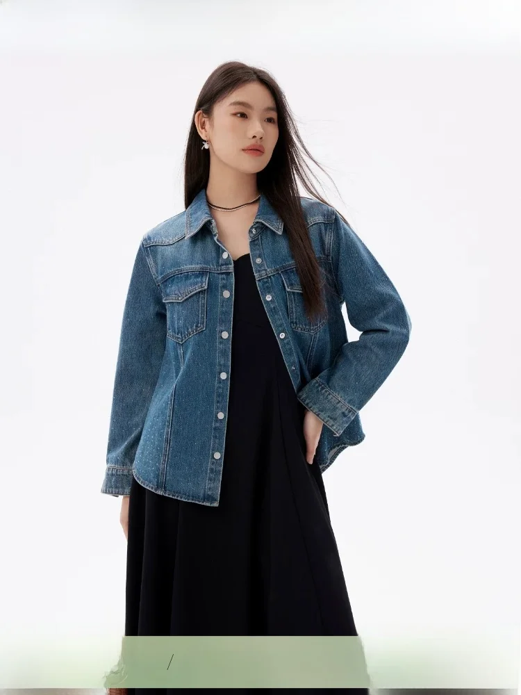 

Large Size Women's Denim irt Glittering Simple Sle Spring New Loose Slimming Top Commute Quali Cotton Pear ape