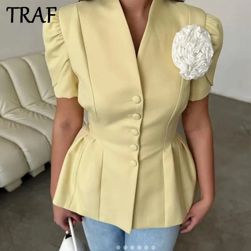 

TRAF Women's Jacket New Summer 2025 Short-sleeved Waisted Blazer Handmade White Flower Decoration Casual Fashion Personality ﻿