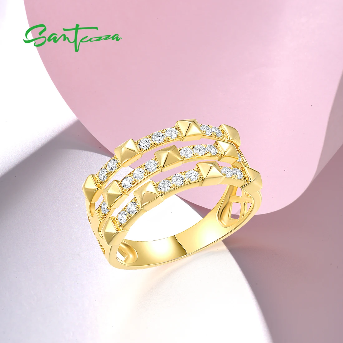 SANTUZZA Genuine 925 Sterling Silver Ring For Women Sparkling White Cubic Zircon Geometric Classic Wedding Gifts Fine Jewelry