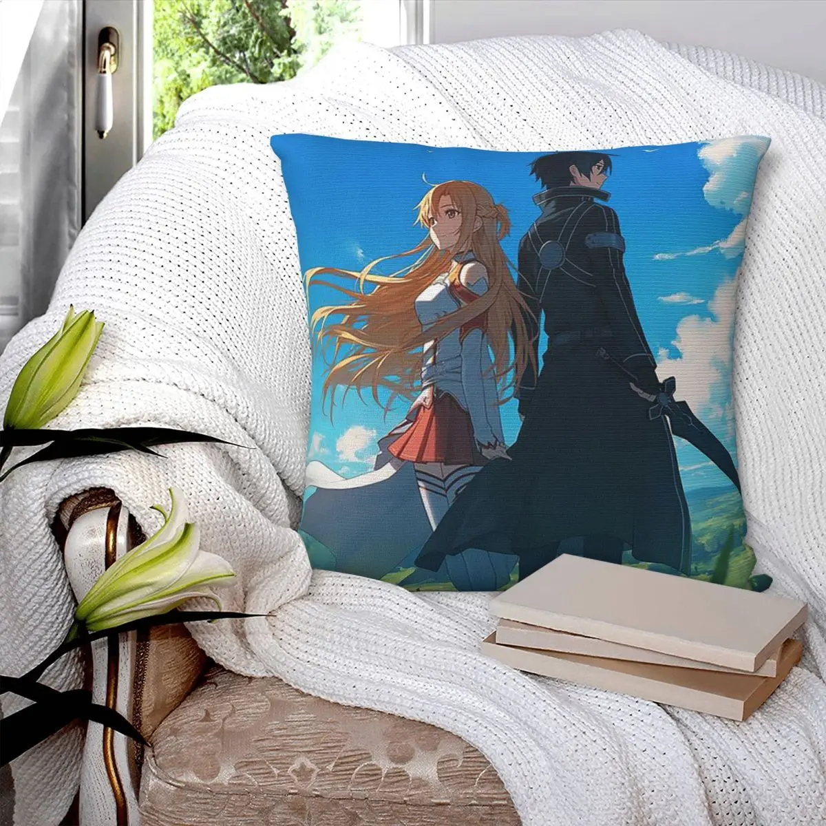 Sword Art Online Asuna And Kirito Anime Square Pillowcase Cushion Cover Pillow Case Throw Pillow Cover for Home Bedroom Car