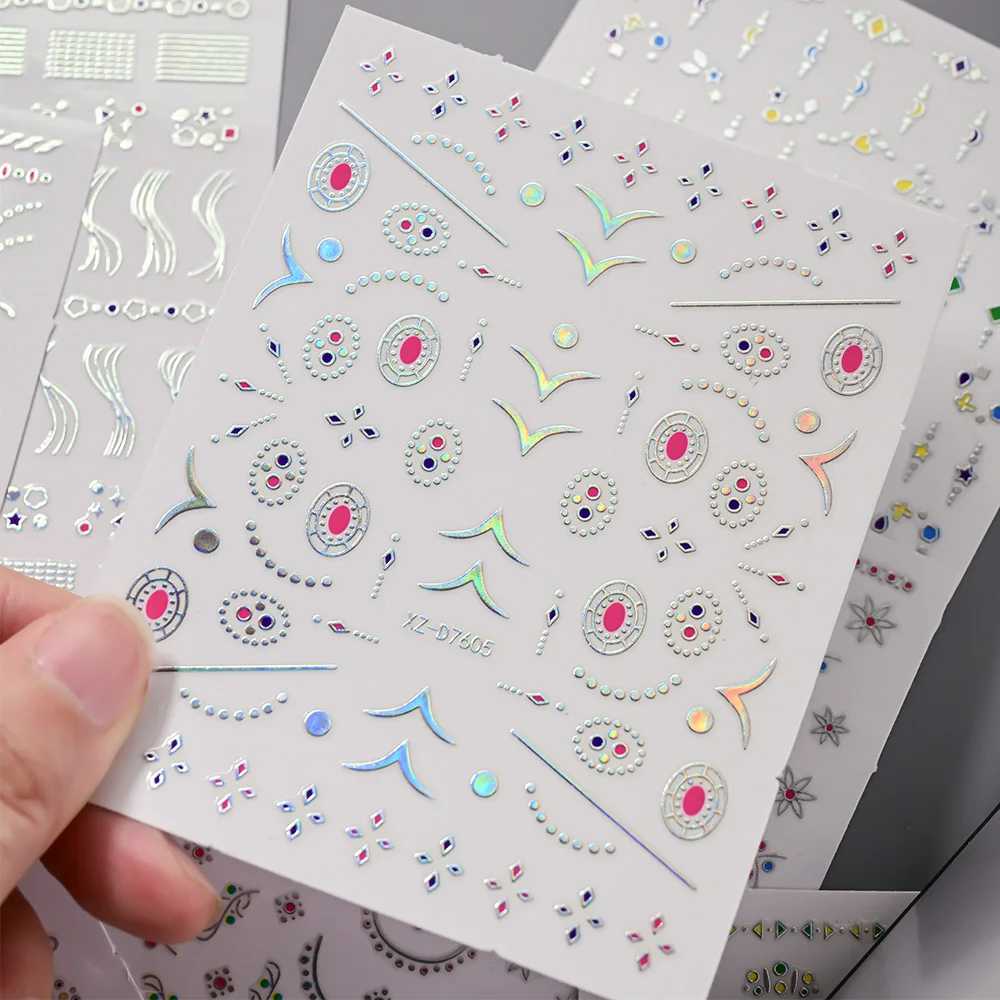 1 szt. Naklejki na paznokcie 3D Laser Siver Curved Line, błyszczące faliste linie, mini gwiazdkowe geometryczne linie, samoprzylepne naklejki na paznokcie