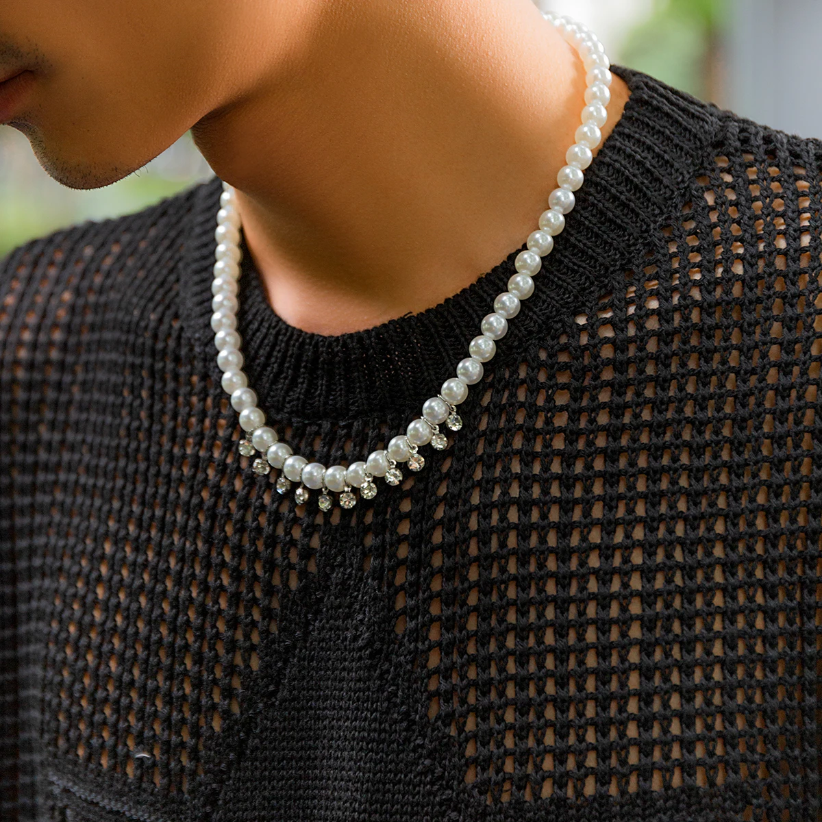 Imitation Pearl Beads with Shiny Rhinestones Choker Necklace for Men Trendy White Beaded Chains Collar 2023 Fashion Neck Jewelry