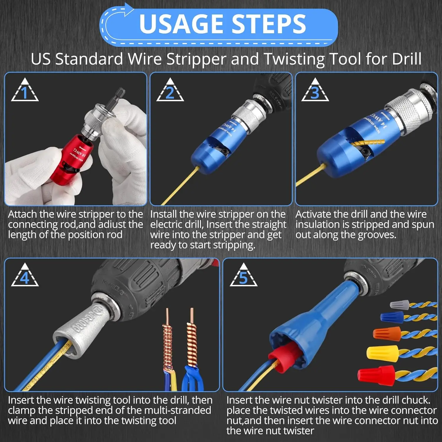 Wire Stripper for Drill - 14-12-10-8 AWG Wire Stripping and Twisting Tool for Solid Core Wires Quickly Electrician Tool Set
