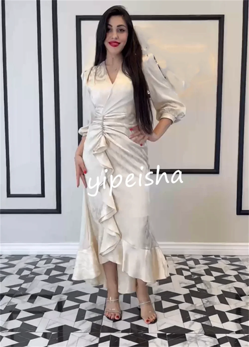 تخصيص رائعة كشكش البوق الخامس الرقبة فساتين متوسطة الطول فساتين السهرة الرسمية عارضة بسيطة الرجعية أزياء أنيقة رائعة سبا #4