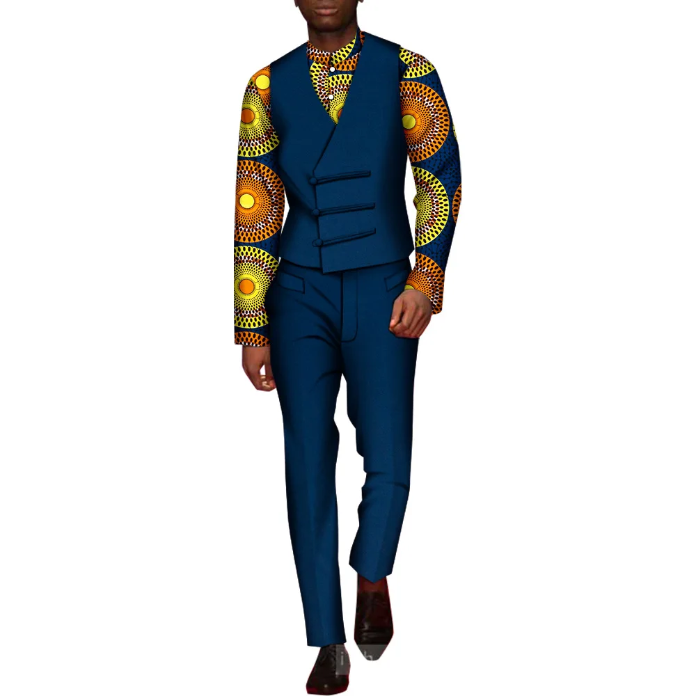 2022New Fashion African Dashiki Outfit Mens Print Suit Shirt Vest Pants Classic Gentle mens Tuxedo Prom Vest Custom 3 Pieces Set