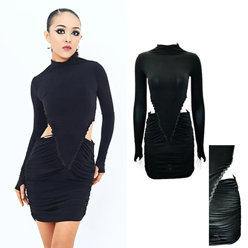 

Сексуальное платье для латинских танцев, черное кружевное платье с длинными рукавами и вырезами для взрослых, одежда для танцев румбы, танго, платье для латинских выступлений DNV25922