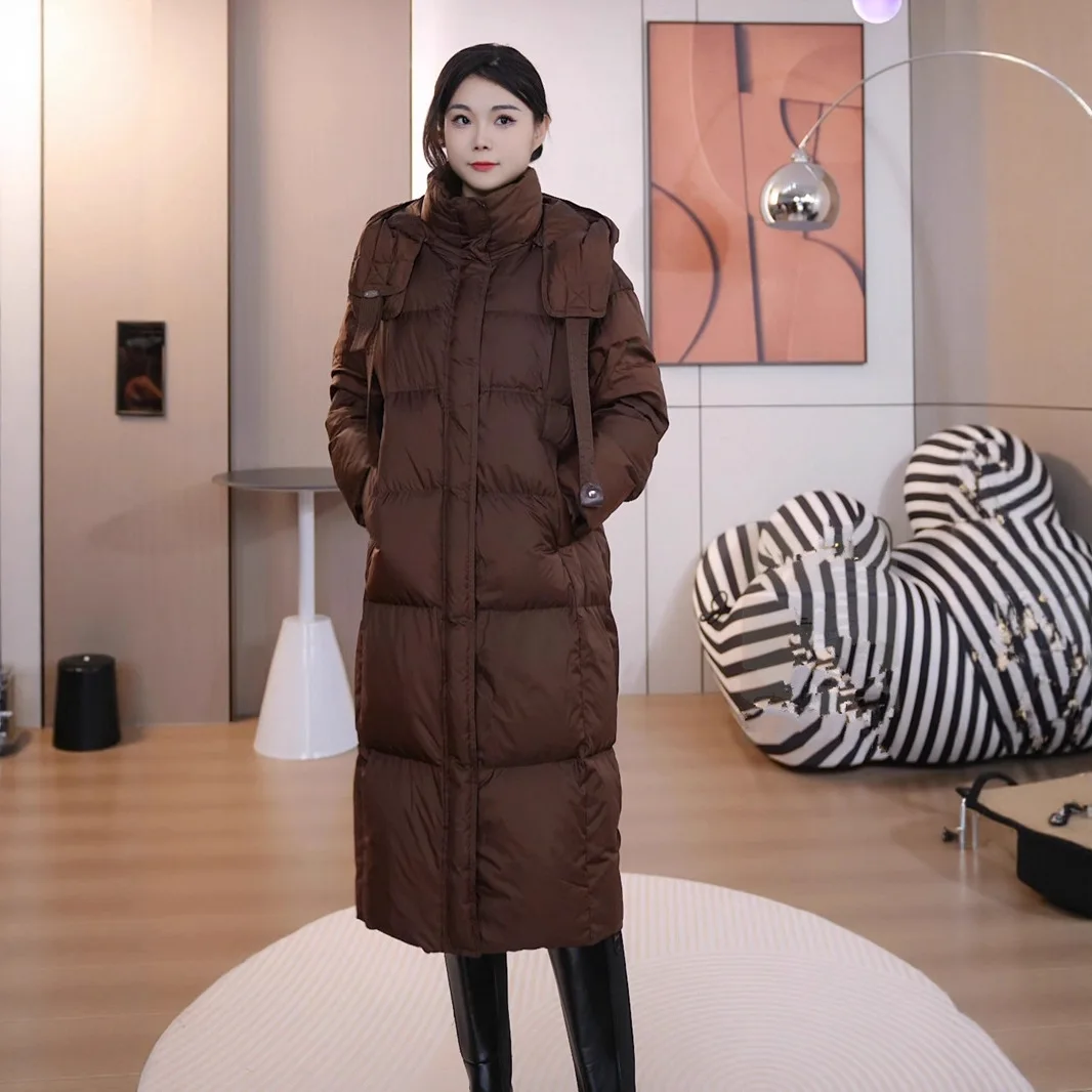 

Winter Long Warm Hooded Down Jacket Female Solid White Duck Down Parker Coat Women Loose Thickened Zipper Pocket Jacket Outwears