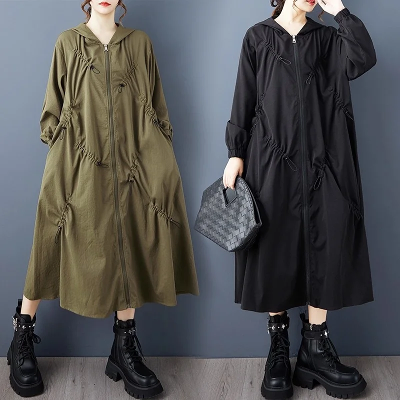 Artistic Casual Windbreaker Mid Long Autumn And Winter Clothing Korean Loose Temperament Popular Solid Color Long Jacket W562