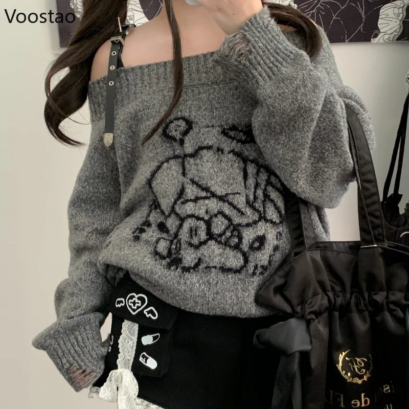 Gothic Y2k Knitted Pullover Women Harajuku Cartoon Pattern Off Shoulder Loose Long Sweater Korean Female Korean Knitwear Tops