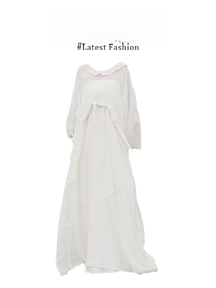 

Элегантный летний комплект для женщин: платье-рубашка и брюки, красивый нежный стиль, длинный рукав, круглый вырез, комплект из двух предметов для молодых девушек.