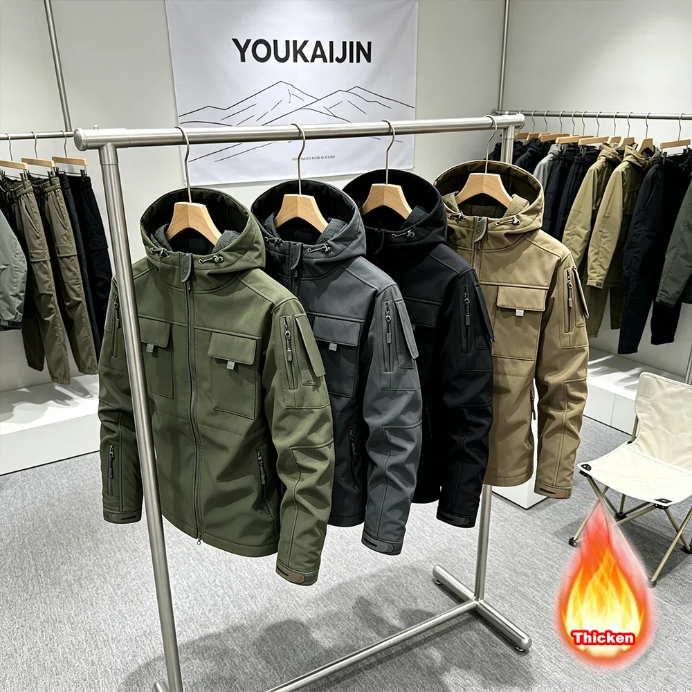 Men's Military Soft Shell Tactical Jacket Winter Warm Fleece Hunting Jackets Outdoor Hiking Fishing Hooded Multi-pockets Coat