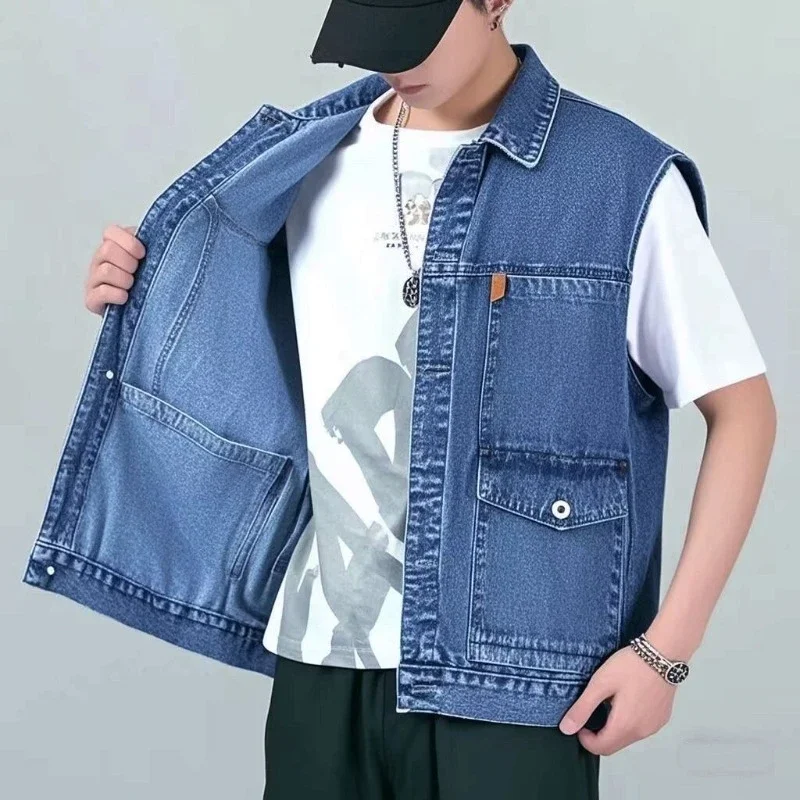 Męska kamizelka jeansowa w stylu retro, letnia kurtka bez rękawów, kurtka cargo z wieloma kieszeniami, odzież robocza, odzież wierzchnia