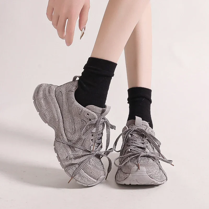 5cm Genuine Leather Rhinestone Bling Chunky Sneakers Spring Autumn Rubber Soles Breathable Platform Wedge Women Fashion Shoes