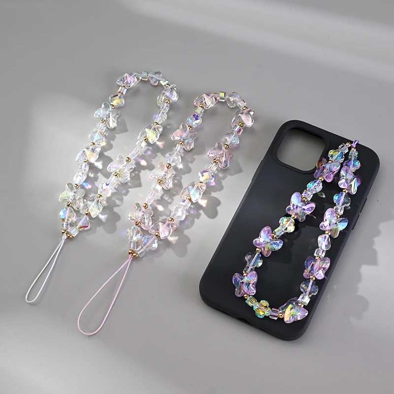 Women Girl Acrylic Mobile Phone Chain Transparent Sweet Butterfly Telephone Hanging Cord Anti-Drop Cellphone Lanyard Jewelry