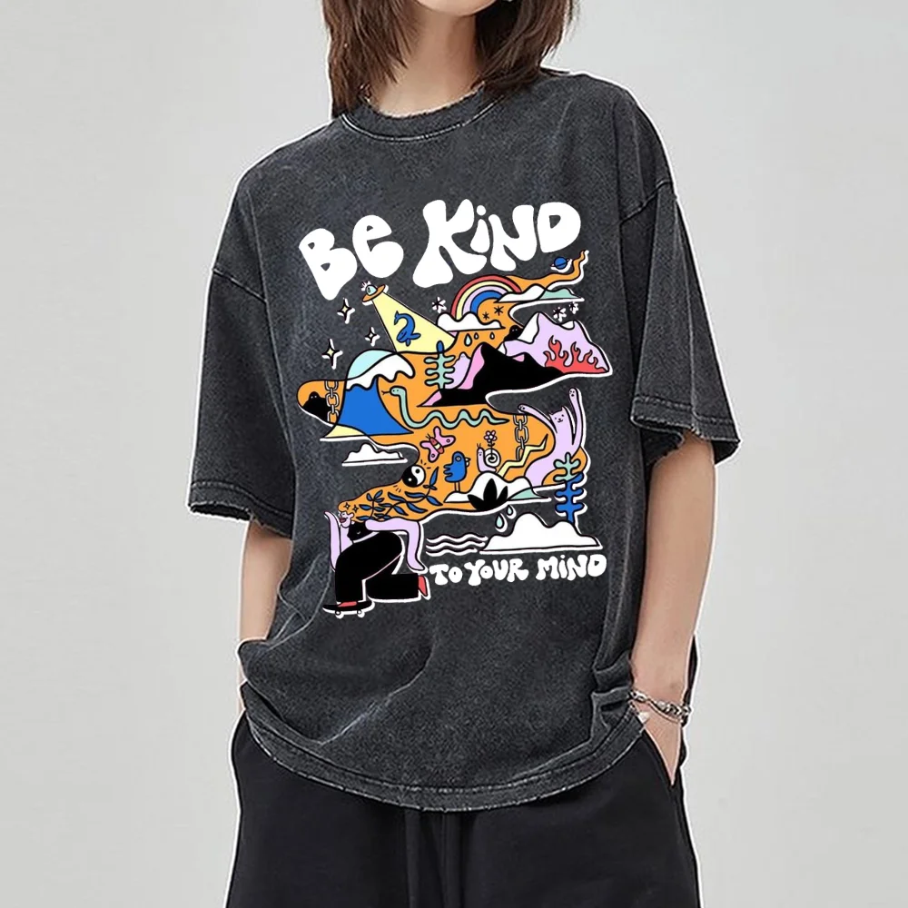 

BE KIND Printed Women's T-shirt Campus Casual Style Couple Top High Quality Imitation Denim Crew Neck Summer 2024