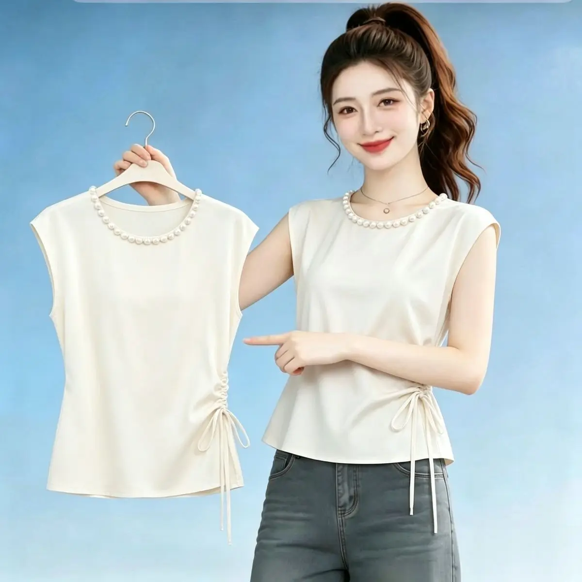 Elegant Summer New Pure Color T-Shirt Women's Drawstring Pearl Collar Fashionable Top French Style Slim Fit Travel Ready