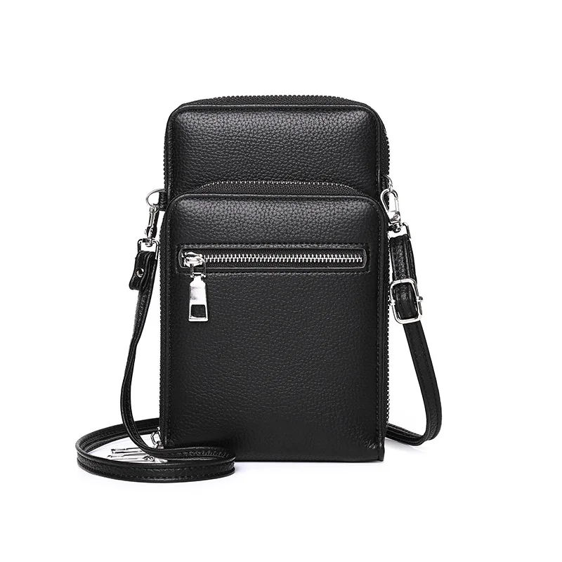 Classic Black 2023 Trend Men's Soft Leather Small Shoulder Crossbody Bag Zipper Wallet Phone Pocket Card Holder with Long Strap