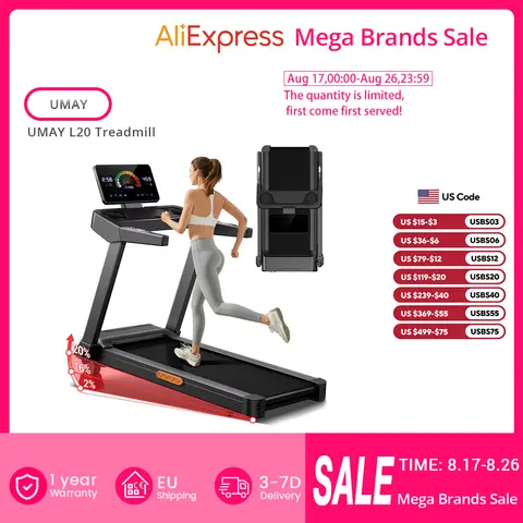 UMAY L20 Treadmill with 20% Manual Incline, 3-Level Incline Adjustment, 3.5HP Brushless Motor, 400 lbs Max Load, 108×41.2cm Wide Belt, Touchscreen Display & Ultra-Slim Fold for Family Use, Local delivery