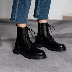 Women Genuine Leather Ankle Boots New Autumn Winter Black Lace Up Motorcycle Boots Punk Ladies Zipper Round Toe Platform Shoes