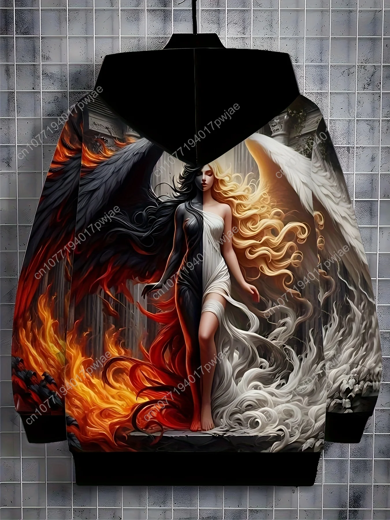 Moletom masculino com capuz com estampa de anjos e demônios, jaqueta casual de manga comprida com zíper e cordão e bolsos, 100% poliéster kn