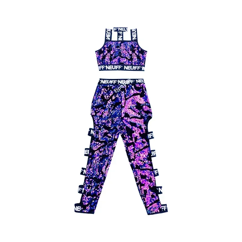 Children Girls Purple Sequin Hip Hop Set Street Dance Performance Clothing Jazz Costume Stage Dancing Wear Flared Sleeve Clothes