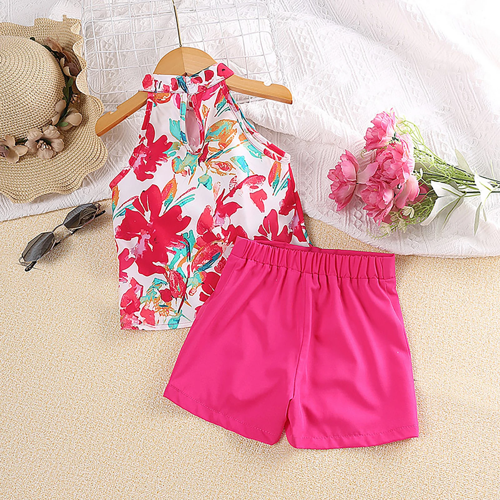 Girls Halter Top and Shorts Set Multi Color Flower Printed Tops and Shorts for Waking Camping Hiking Wear