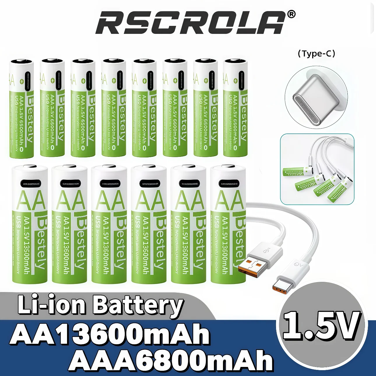 

Rscrola 1.5V Li-ion Rechargeable AA Batteries 13600mAh High Capacity Long Lasting AAA Battery For Electric Toy/Light/Household
