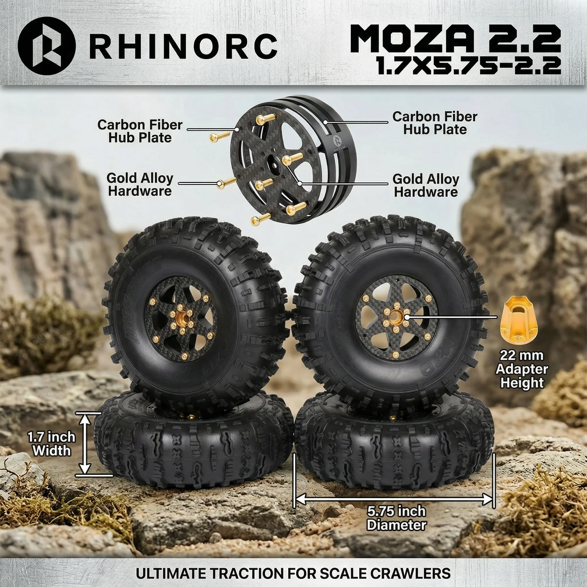 MOZA 2.2inch RhinoRC Competition RC Tires Narrow Carbon Fiber Aluminum Wheel Rim N2401 for Scale Sporty Class RC Crawler Ca