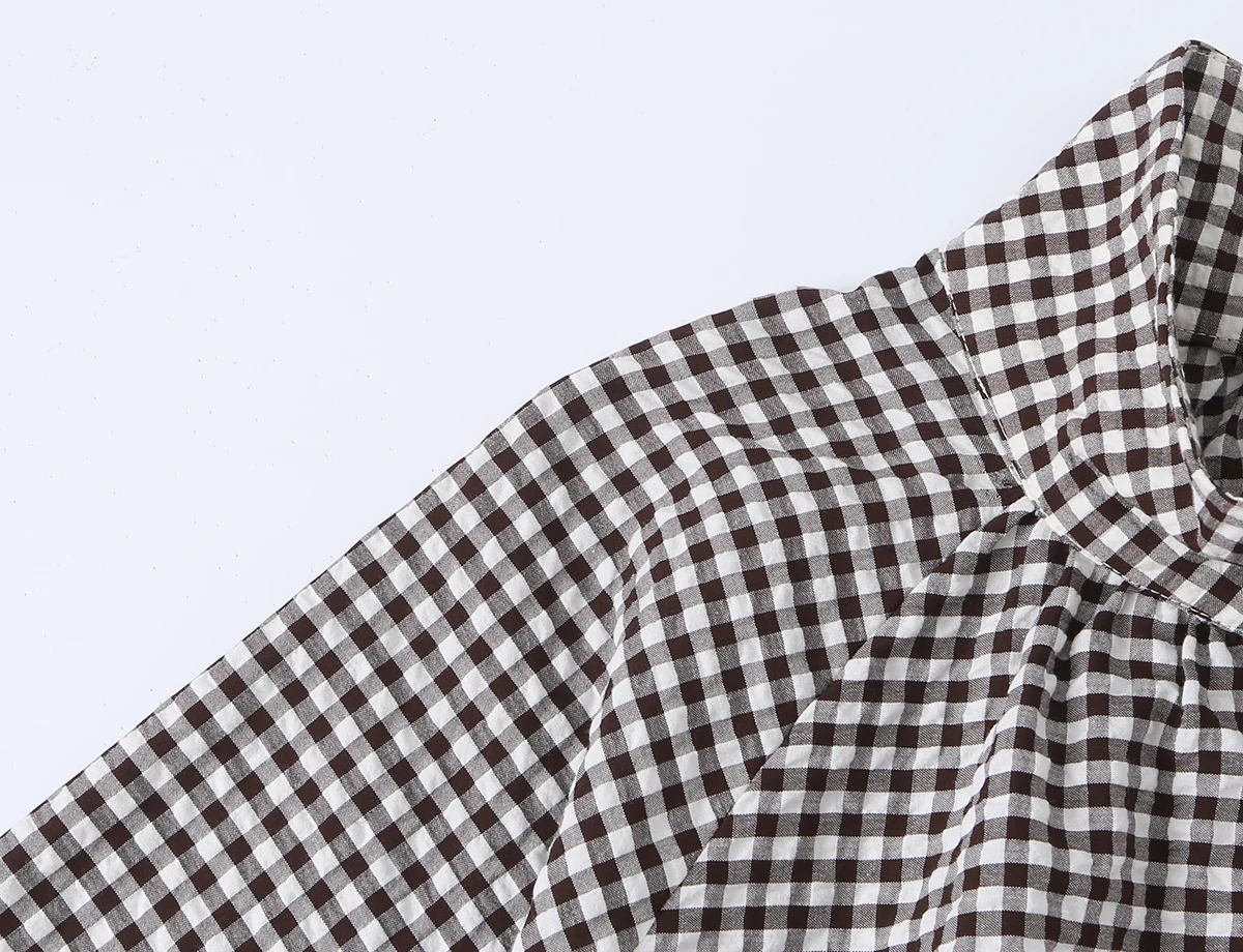 BSAY New Ladies Cropped Gingham Plaid Outerwear Stand Collar Long Puff Sleeve Button Up Drawstring Hem Casual Loose Check Jacket