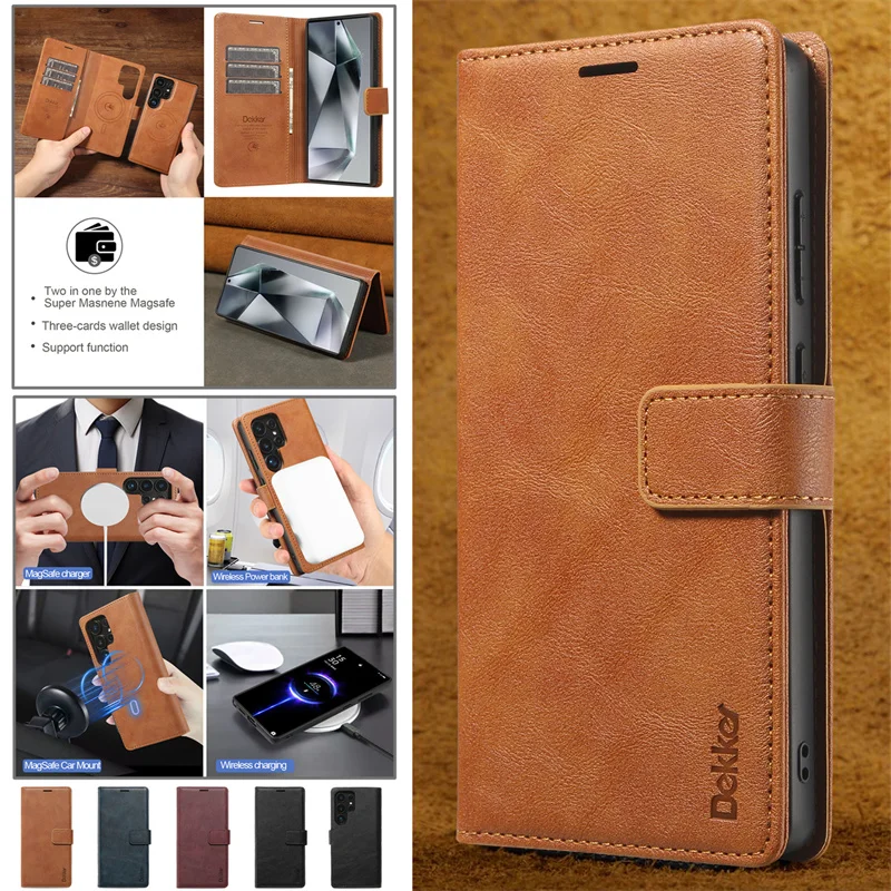 Magnetic Flip Leather Wallet Card Phone Case For Samsung Galaxy S25 S24 S23 Plus S22 Ultra Wireless Charging Back Cover Coque