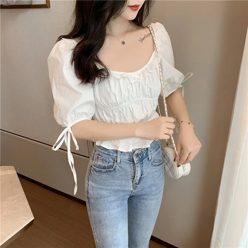 White Blouse Korean Style Vintage Sexy Women Square Neck Puff Sleeve Solid Chiffon Ruffle Ruched Shirt Ladies Summer Crop Top