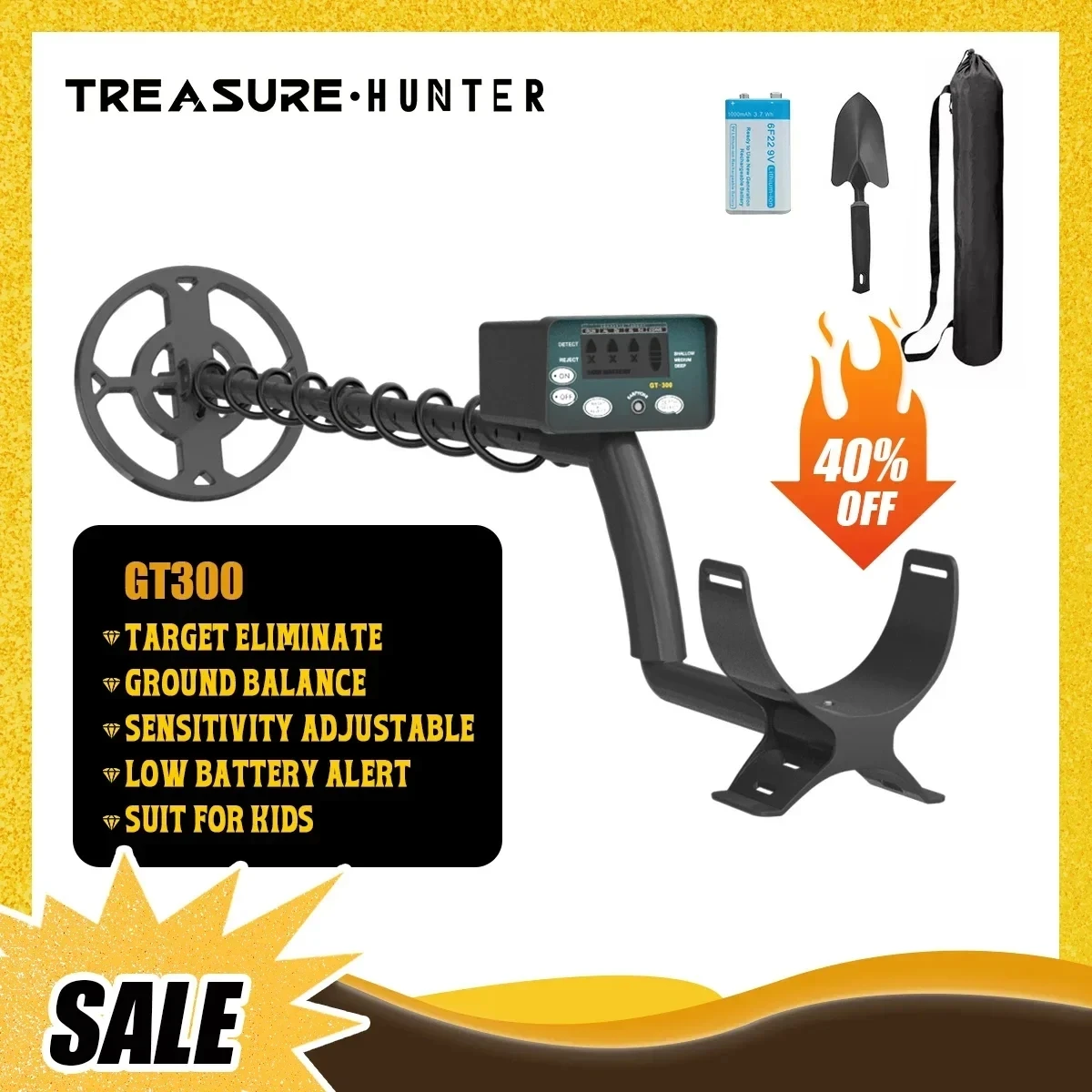 Treasure Hunter GT300 Metal Detector Professional with battery High Sensitive Underground  Adjustable Tracker Waterproof IP68