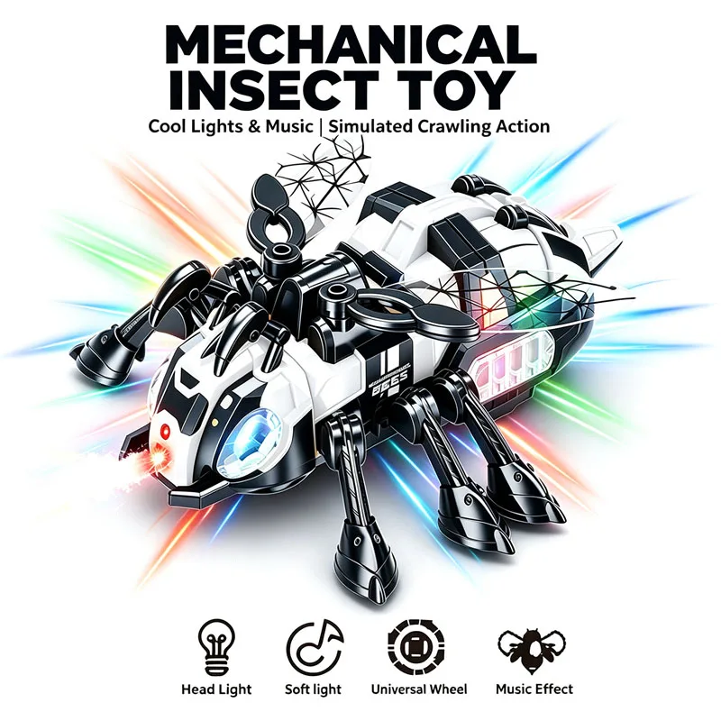 Electric Mechanical Bee Toy Universal Wheel Bionic Insect with Spray Light and Music, Simulation Crawling Bee Toys for Kid