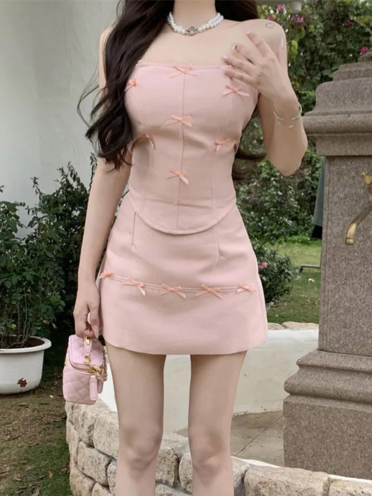 

Sweet Stylish Knot Tube Top Vest Women Pure Desire Summer Two Piece Set Sexy Skirt Suit Korean Style Commute