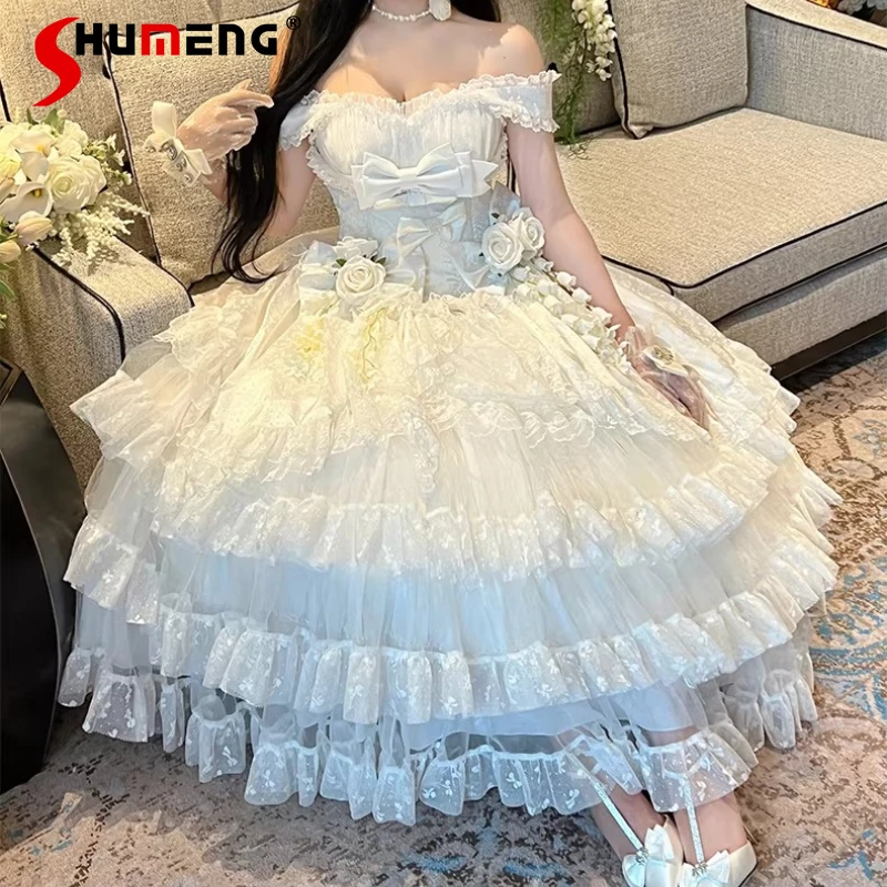 

Long Floral Wedding Dress Pure White First Love Vibe Chic Vestidos New Autumn Winter Gentle Elegant Moonlight White Maxi Dresses