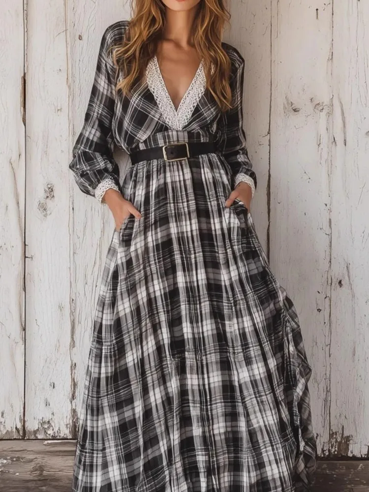 여성용 레트로 체크 셔츠 드레스 가을 신상 패션 브이넥 긴팔 하이웨이스트 A라인 롱 스커트 드레스 (벨트 미포함)