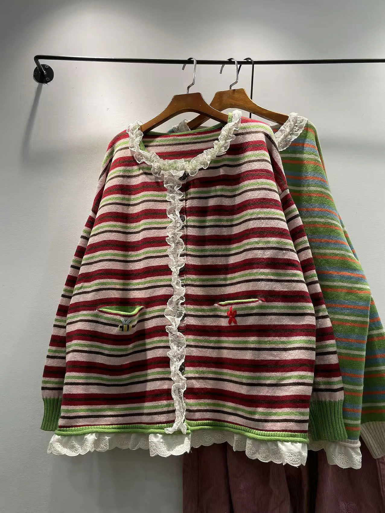 

Autumn Winter Women's Loose Long Sve Lace Trim Striped Sweater Cardigan Coat Soft Comfortable Floral Sle Knittedwear