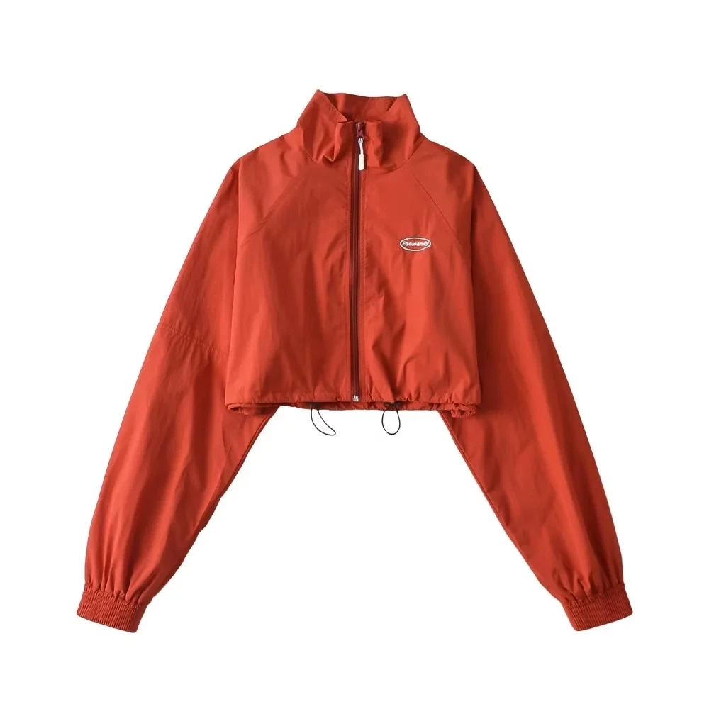 아메리칸 스타일 스탠드 칼라 짧은 재킷 편지 패치 워크 재즈 탑 빠른 건조 높은 허리 여성을위한 작은 겉옷