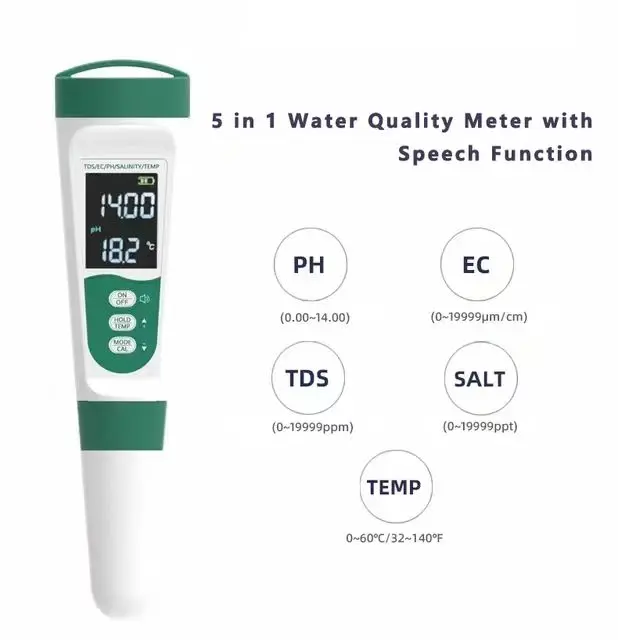 2024 newest hydroponics most popular 5 in 1 water quality meter tds/ec/ph/salinity/temperature with electrode replaceable