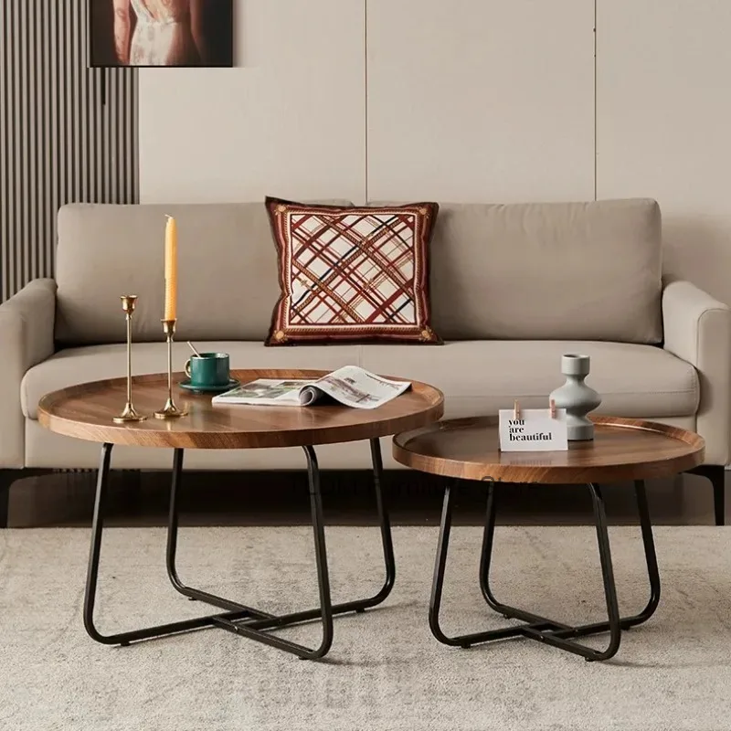 Room Round Nesting Coffee Tables with Living Wood Finish Tops , Modern Industrial Accent Tables, Side Tables for Home Decor