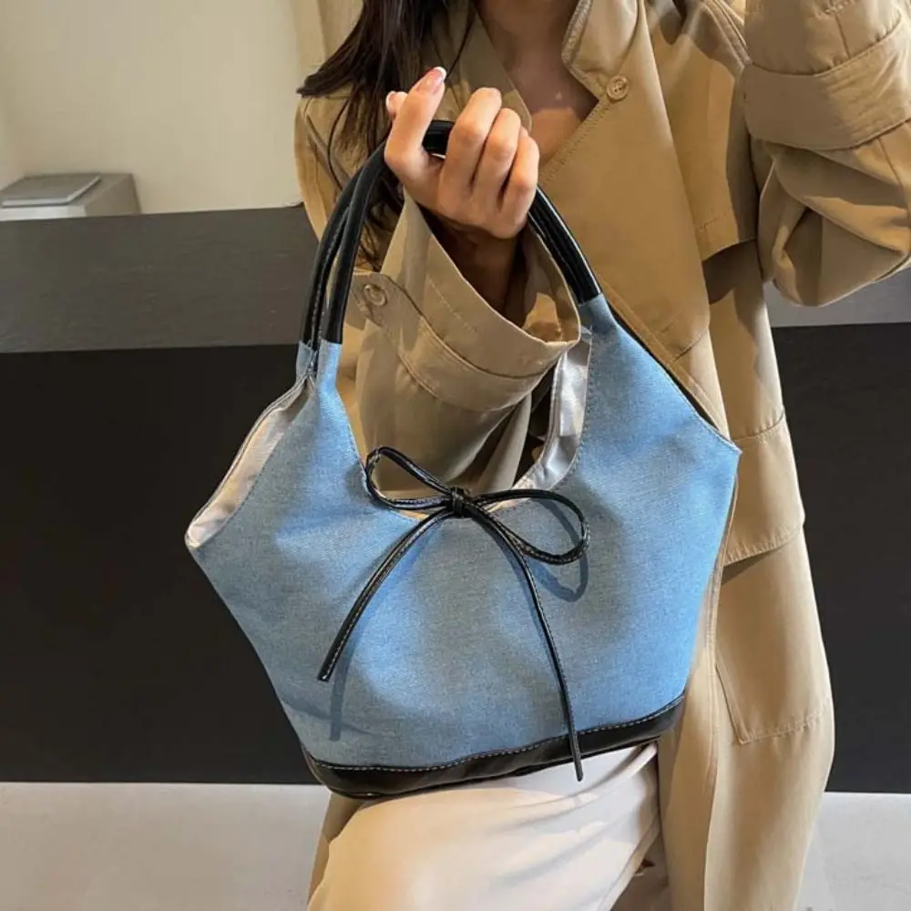 캐주얼 한국 스타일 캔버스 토트 백 겨드랑이 가방 핸드백 천 보우 숄더 백 대용량 버킷 백 소녀