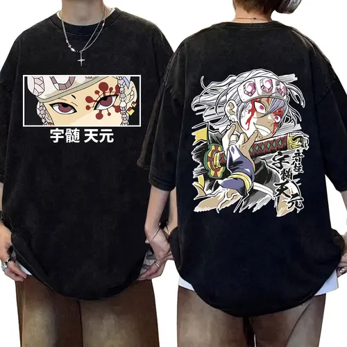 Camiseta Vintage lavada de Anime Demon Slayer Uzui Tengen con estampado de doble cara, camisetas informales de manga corta de gran tamaño para verano para hombres y mujeres