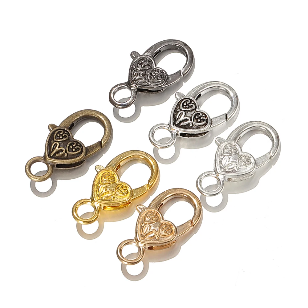 10pcs Metal Heart-Shaped Lobster Clasp Connectors Vintage Engraved Heart Alloy Keychains for DIY Pendant Jewelry Making