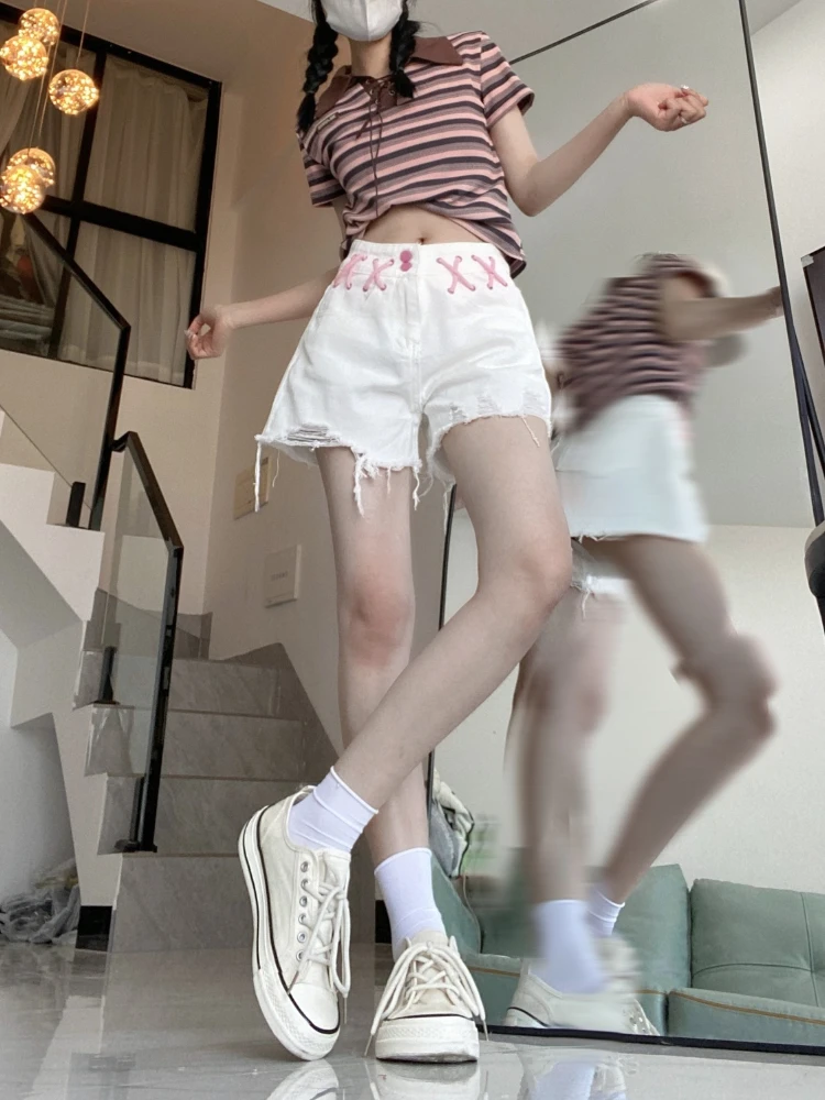 여성 데님 반바지 찢어진 드로우 로프 화이트 하이 웨스트 여성 짧은 청바지 바지 Elasticty 하라주쿠 패션 streetwear 디자이너