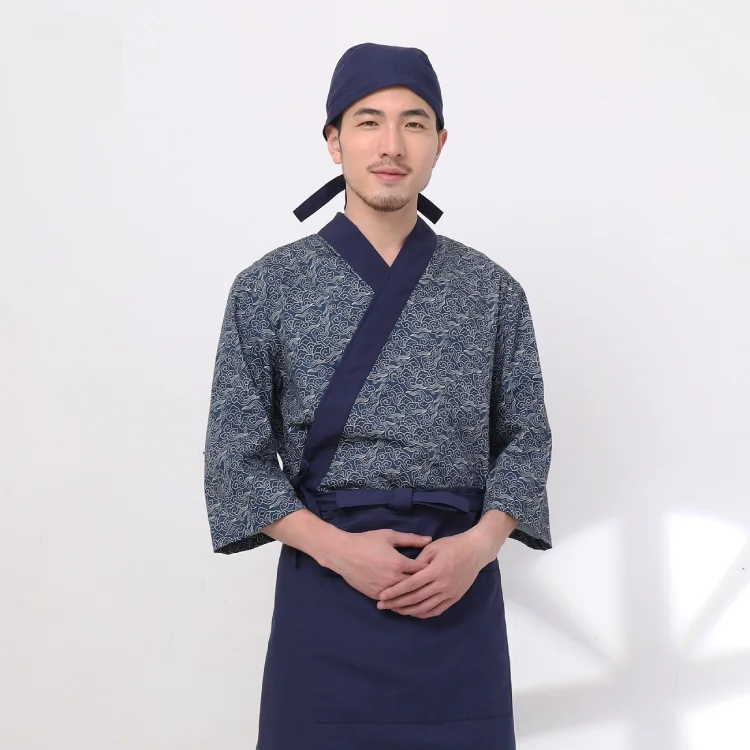 

Unisex Japanese Style Chef Coat With Apron Sushi Restaurant Kimono Cook Uniform Shirts Waitress Waiter Work Wear Tops Overalls