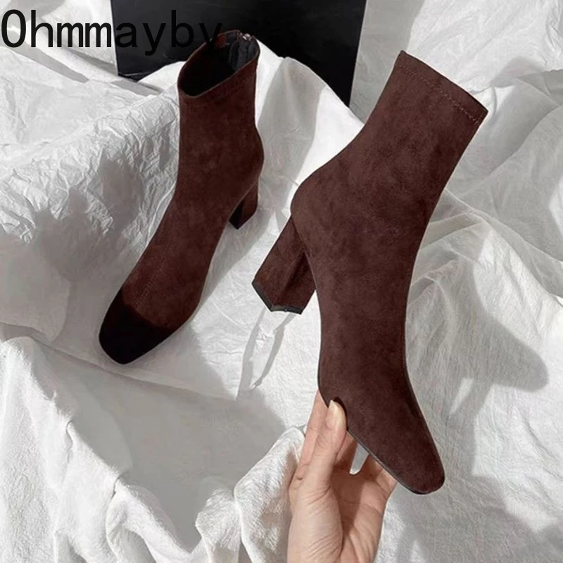 Autumn Winter Square Toe Woman Ankle Boots Fashion Square Heels Shoes Concise Femmes Mordern Short Botines De Mujer