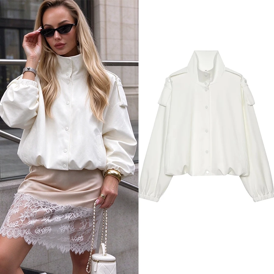 Women Casual White Women's Coat Long Sleeve Stand Collar Single Breasted Loose Coats 2026 Fall Chic Female Street Jacket