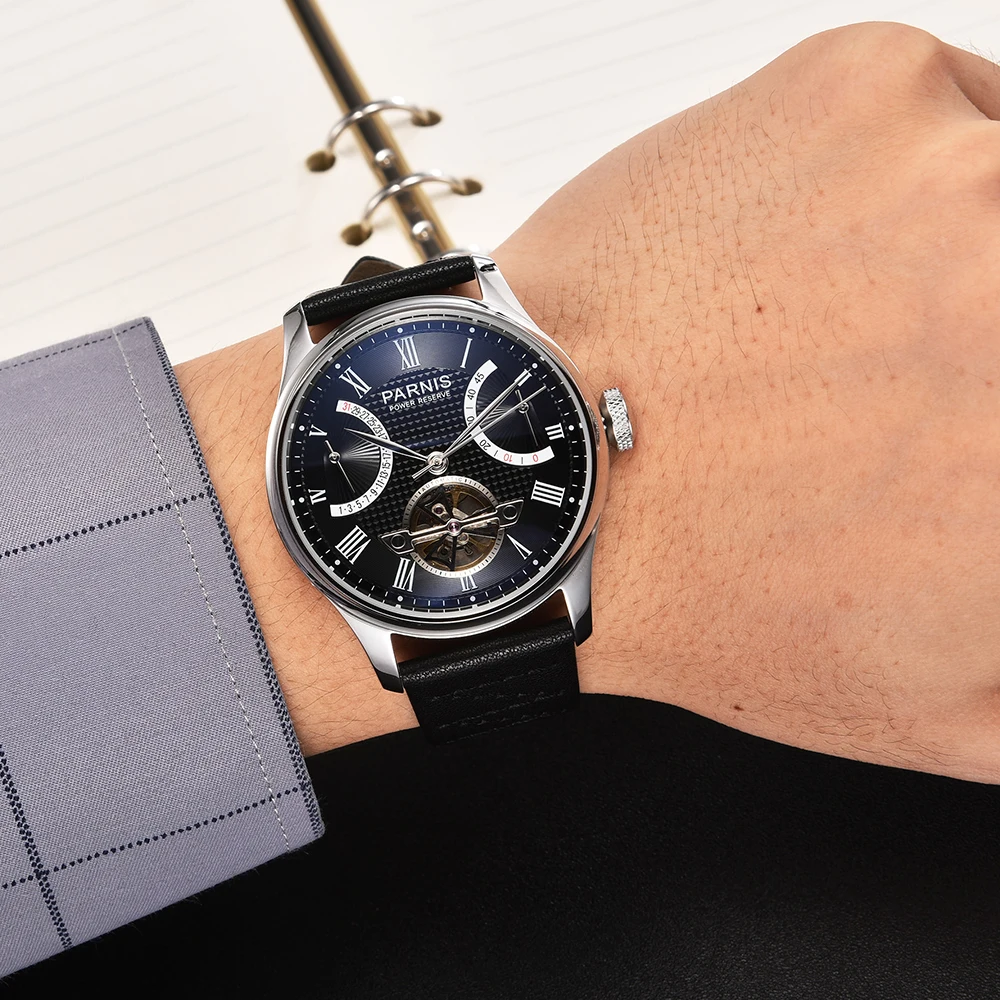 Fashion Parnis 43mm Black Dial Power Reserve ST 2505 Automatic Men Watches Leather Strap Mechanical Watch For Men reloj hombre