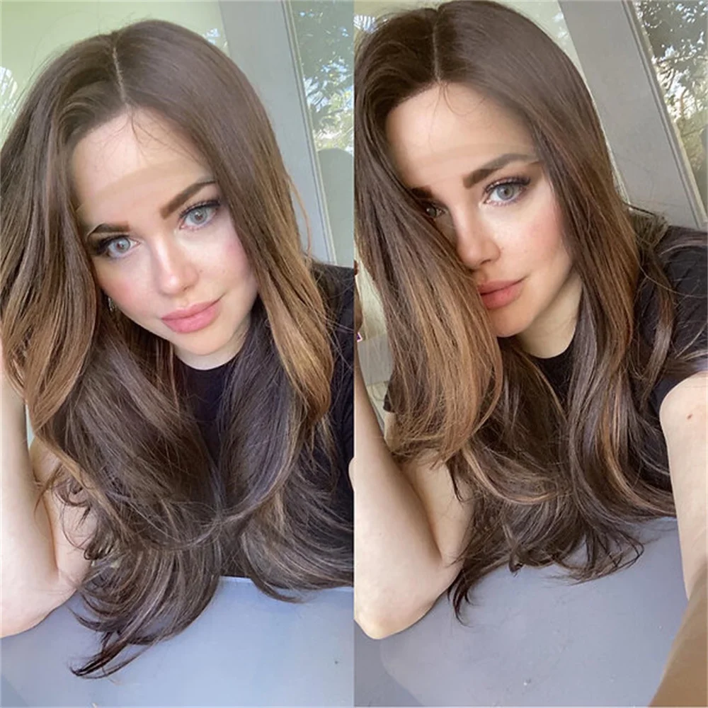 Donkerbruine karamel hoogtepunten Lace Front pruik hittevriendelijke vezels brunette natuurlijke golf pruik middendeel realistische look voor vrouwen