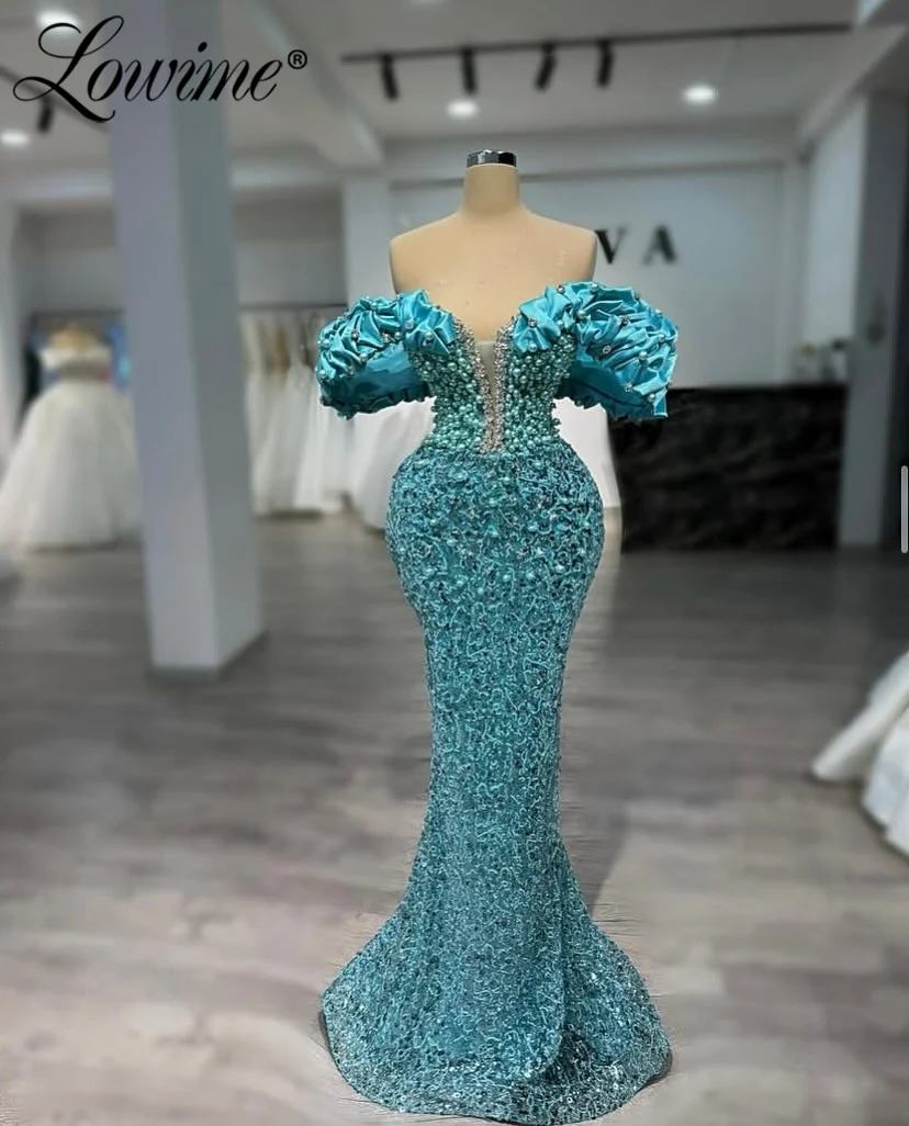 

Customized Off Shoulder Ruffles Party Dresses Elegant Crystals Beaded Mermaid Prom Dress Vestidos De Gala Arabic Evening Gowns